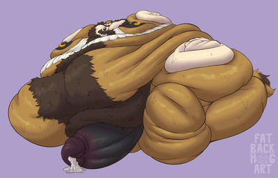 anthro balls belly big_balls big_feet big_nipples big_penis black_nipples black_penis bodily_fluids body_hair brown_body brown_fur clothing cum feet fur genital_fluids genitals hairy huge_balls huge_penis hyper hyper_balls hyper_genitalia hyper_penis immobile male mature_male moobs morbidly_obese nipple_piercing nipples obese overweight overweight_male penis piercing shirt slob solo sweat sweaty_balls sweaty_belly sweaty_genitalia tank_top topwear white_clothing white_shirt white_tank_top white_topwear fatback_hog amby_(casualplebeian) hybrid hyena mammal procyonid raccoon hi_res