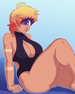 1_eye breasts cleavage clothed clothing eyelashes female hair humanoid_pointy_ears looking_at_viewer multicolored_hair not_furry one-piece_swimsuit pointy_ears purple_eyes scar short_hair solo swimwear two_tone_hair souladdicted viviana_(souladdicted) cyclops humanoid 2018 4:5 absurd_res digital_media_(artwork) hi_res
