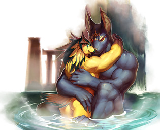 anthro barazoku bath beak biceps big_muscles black_body black_fur black_sclera blue_eyes butt duo feathers fur hug interspecies larger_male looking_at_viewer looking_back male male/male muscular muscular_male nipples nude partially_submerged pecs red_eyes seductive sitting size_difference smaller_male standing tail tail_feathers water waterfall wet yellow_body yellow_fur null-ghost egyptian_mythology middle_eastern_mythology mythology anubis horus accipitrid accipitriform anubian_jackal avian bird canid canine canis deity jackal mammal 2014 detailed brother_(lore) brothers_(lore) incest_(lore) sibling_(lore)