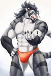 abs anthro athletic biceps big_muscles biped blue_eyes bulge claws clothed clothing fangs flexing fur grey_body grey_fur licking looking_at_viewer male muscular muscular_anthro muscular_male pecs pose solo standing stripes teeth tongue tongue_out topless dazen_cobalt kazat dazen_(character) felid mammal pantherine tiger 2013 2:3