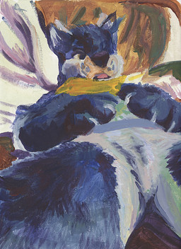 ambiguous_gender animal_genitalia anthro anus bed bedding bedroom biped black_body black_fur blue_body blue_eyes blue_fur bodily_fluids bread butt claws clothed clothing cookie costume detailed_background eyes_closed fangs featureless_crotch food fur furniture fursuit genital_fluids genitals hair holding_object inside kerchief low-angle_view lying male multicolored_body multicolored_fur murrsuit nipples on_back on_bed open_mouth paws pillow plushie presenting scarf simple_background sleeping smile solo spread_legs spreading teeth tongue tongue_out underwear whiskers white_body white_fur zaverose canid canine canis domestic_dog fox hybrid mammal absurd_res hi_res oil_painting_(artwork) painting_(artwork) traditional_media_(artwork) traditional_painting_(artwork)