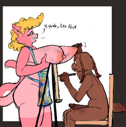 antennae_(anatomy) anthro apron apron_only areola big_areola big_breasts blonde_hair breasts brown_antennae brown_body chair clothing curvy_figure dialogue drawing_(action) duo easel encouragement erection female fur furniture hair holding_breast male male/female mature_anthro mature_female nipple_fetish nipple_play nipple_pull nude_anthro nude_male partially_clothed_anthro partially_clothed_female pencil pink_body pink_fur sitting student tail teacher teacher_and_student text kaboozey buster_(kaboozey) clarisse_(kaboozey) ant arthropod domestic_cat felid feline felis hymenopteran insect mammal 2020 hi_res