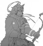 anthro arrow_(weapon) bow_(weapon) clothed clothing fur hat headgear headwear holding_bow_(weapon) holding_object holding_ranged_weapon holding_weapon looking_at_viewer male mongolian mongolian_clothing ranged_weapon simple_background solo tattoo weapon white_background kenjilokung lifewonders tokyo_afterschool_summoners temujin_(tas) canid canine canis mammal wolf greyscale hi_res monochrome