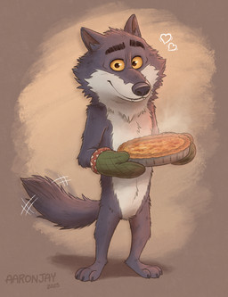 anthro black_nose clothing eyebrows fangs food fur fuzzy grey_body grey_fur handwear male oven_mitts pie_(food) smile solo standing tail tail_motion tailwag teeth yellow_eyes aar0njay intermarche_unloved albert_(intermache_unloved) canid canine canis mammal wolf 2025 hi_res