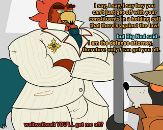 age_difference anthro ascot big_muscles big_pecs clothing duo male male/male muscular older_male pecs prison prison_cell short_male suit nanozapz legends_of_avantris booker_(legends_of_avantris) jean_claude_(legends_of_avantris) avian bird chicken galliform mammal phasianid procyonid raccoon 5:4 hi_res