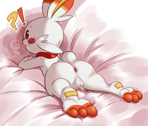 3_toes anthro anus arm_support backsack balls bed biped blush blush_stickers bodily_fluids feet flaccid fur furniture genitals hindpaw interrobang leaning_on_elbow looking_back lying male multicolored_body multicolored_fur nude on_bed on_front orange_body orange_fur paws penis perineum rear_view red_eyes small_penis solo sweat sweatdrop toes two_tone_body two_tone_fur white_balls white_body white_fur white_penis white_perineum requestfaeg nintendo pokemon generation_8_pokemon pokemon_(species) scorbunny 2021 hi_res