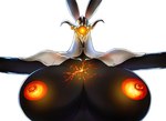 5_eyes anthro big_breasts breasts cracked_skin female glowing glowing_eyes glowing_nipples huge_breasts machine multi_eye multicolored_body nipples orange_nipples simple_background solo white_background chochi monster robot 2024 digital_media_(artwork) hi_res