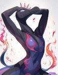 anthro blush blush_lines breasts claws eyelashes featureless_breasts featureless_crotch female fire hands_behind_head heart_symbol looking_at_viewer multicolored_body multicolored_scales navel purple_eyes scales simple_background solo suahh nintendo pokemon generation_7_pokemon lizard pokemon_(species) reptile salazzle scalie 2025 signature