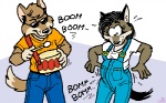 anthro belly big_belly clothed clothing drum duo eyewear female fetal_movement humor male musical_instrument overalls percussion_instrument pregnant pregnant_anthro pregnant_female sunglasses suspenders tail waccoon canid canine canis coyote mammal procyonid raccoon 16:10 2003 low_res widescreen