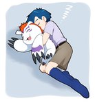 blue_hair claws cuddling duo feral hair male red_hair sleeping hsnkz809 bandai_namco digimon joe_kido digimon_(species) gomamon human mammal