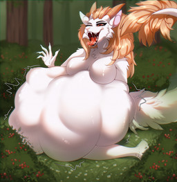 abdominal_bulge anthro anthro_pred belly belly_on_ground big_belly big_breasts bodily_fluids breasts cheek_tuft chest_tuft claws dripping facial_tuft fangs female female_anthro female_pred forest fur hair half-closed_eyes horn huge_belly hyper hyper_belly long_hair motion_lines narrowed_eyes nude one_eye_closed open_mouth open_smile orange_hair orange_horn outside plant red_eyes red_tongue saliva saliva_drip saliva_on_tongue saliva_string sitting smile snout solo tail tail_tuft teeth tongue tongue_out tree tuft vore white_body white_claws white_fur kysokofwater mythology dragon mythological_creature mythological_scalie scalie 2024 colored digital_drawing_(artwork) digital_media_(artwork) hi_res shaded