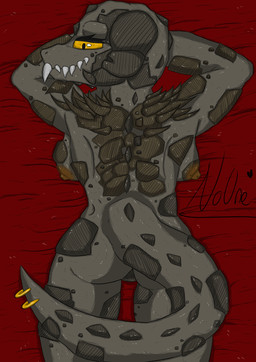 anthro bedroom_eyes body_pillow breasts female horn lying muscular muscular_anthro muscular_female narrowed_eyes nipples non-mammal_breasts nude on_front piercing pillow scar seductive sharp_teeth solo spikes spikes_(anatomy) tail teeth noonearts fallout microsoft deathclaw scalie 2025 absurd_res hi_res