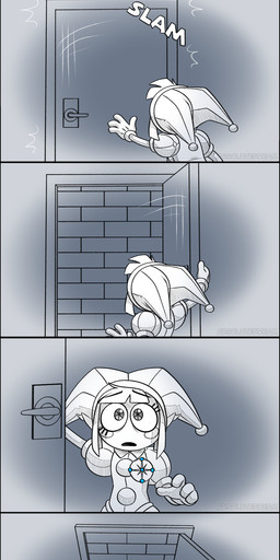 angry anthro brick clothed clothing door female male open_mouth running smile standing text upset yelling absolutedream glitch_productions the_amazing_digital_circus bubble_(tadc) jax_(tadc) pomni_(tadc) human lagomorph leporid mammal rabbit absurd_res comic english_text hi_res long_image tall_image