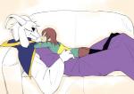 ambiguous_gender anthro black_sclera clothed clothing duo fur horn human_on_anthro interspecies male robe shoulder_cape size_difference white_body white_fur amakagew undertale undertale_(series) asriel_dreemurr_(god_form) chara_(undertale) boss_monster_(undertale) bovid caprine human mammal