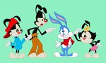 anthro barefoot clothing eye_contact feet female gloves group handwear looking_at_another male simple_background teeth scottforester17 animaniacs tiny_toon_adventures warner_brothers buster_bunny dot_warner wakko_warner yakko_warner inkblot lagomorph mammal absurd_res hi_res sibling_(lore)