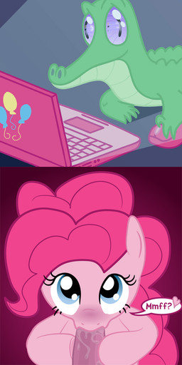 balloon balloon_print bodily_fluids computer cutie_mark_print duo electronics erection escaping_heart fellatio female feral fur genitals hair heart_after_text heart_symbol inflatable internet laptop male male/female muffled oral oral_penetration penetration penile penis pink_body pink_fur pink_hair pornography questioning_tone saliva sex solo_focus speech_bubble text text_with_heart vowelless vowelless_vocalization syoee_b friendship_is_magic hasbro my_little_pony gummy_(mlp) pinkie_pie_(mlp) alligator alligatorid crocodilian earth_pony equid equine horse mammal pony reptile scalie