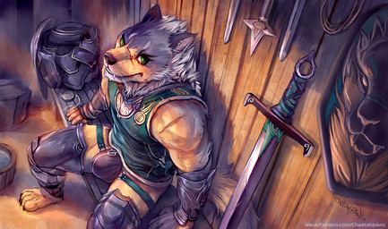 anthro armor bench biped brown_body brown_fur bucket bulge claws clothed clothing container ear_piercing fangs feet fur green_eyes hair looking_at_viewer male melee_weapon muscular muscular_anthro muscular_male neck_tuft piercing rope scar shield shirt sitting solo sword teeth toes topwear tuft underwear undressing water weapon whiskers white_hair cheetahpaws canid canine canis mammal wolf 2016