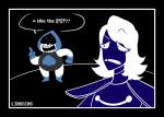 2018 black_border border darkner deltarune duo english_text goo-connected_lips hair humanoid lancer_(deltarune) linssins long_hair profanity rouxls_kaard simple_background spades_(suit) suit_symbol text undertale_(series)