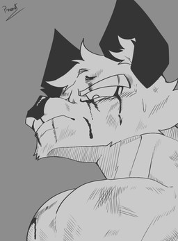 anthro barazoku blood blood_on_face bodily_fluids humor looking_down male muscular muscular_anthro muscular_male parody perspective solo sweat wounded pinumontbalou dragon_ball dragon_ball_z epic_games fortnite fennix_(fortnite) canid canine canis fox mammal red_fox true_fox black_and_white hi_res meme monochrome