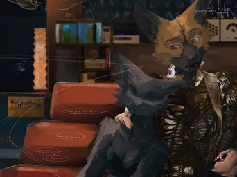 anthro audio_equipment detailed_background female furniture holding_shoulder lying_on_breasts nuclear_instrumentation_module sofa text c4nis_major african_wild_dog canid canine domestic_cat felid feline felis mammal absurd_res english_text hi_res