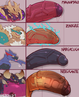 anthro anthrofied big_muscles big_pecs black_penis blue_body bodily_fluids chart comparing comparing_penis electricity electrogenesis erection genital_fluids genitals group horn huge_muscles huge_pecs humanoid_genitalia humanoid_penis male muscular muscular_male nipples non-mammal_nipples pecs penis penis_chart penis_size_difference precum purple_body merong capcom monster_hunter penis_lineup elder_dragon fanged_wyvern flying_wyvern magnamalo nargacuga nergigante scalie zinogre