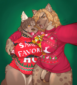 anthro arms_tied ball_gag ball_tuft ballhawk balls bdsm big_balls big_breasts bondage bottomless bound breasts christmas_clothing christmas_decorations christmas_lights christmas_sweater christmas_topwear clothed clothing collar duo ear_piercing ear_ring facial_piercing female flaccid foreskin gag genitals gynomorph gynomorph/female holidays intersex intersex/female nose_piercing nose_ring penis piercing pubes ring_piercing selfie septum_piercing string_light_bondage string_lights sweater text text_on_clothing text_on_sweater text_on_topwear tongue tongue_out topwear tuft yuzu_zuzu christmas boon_digges savannah_(thatsexdog) canid canine canis domestic_dog hyena mammal spotted_hyena absurd_res hi_res