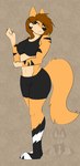 anthro barefoot black_body black_fur blue_eyes brown_hair clothed clothing feet female fur hair head_turned markings raised_arm serious_face solo striped_markings stripes white_body white_fur yellow_body yellow_fur somniumfox claire_o'bryan canid canine felid fox hybrid mammal pantherine tiger 2017 hi_res watermark