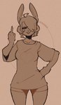 2024 5_fingers absurd_res ahoge anthro blep bovid_horn caprine_horn clothed clothing female fingers gesture hair hair_over_eye hand_gesture hand_on_hip heart_symbol hi_res horn lagomorph legwear leporid looking_at_viewer mammal middle_finger one_eye_obstructed oversized_clothing rabbit ram_horn shirt signature simple_background solo spikedmauler spikedmauler_(fursona) standing stockings t-shirt tan_background tongue tongue_out topwear trans_(lore) trans_woman_(lore)
