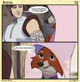 anthro asking asking_another bandage bandaged_arm border brooch brown_hair chair cheek_tuft claws clothed clothed_anthro clothed_female clothed_human clothed_male clothing countershade_face countershade_fur countershading dialogue duo eyebrows eyelashes facial_tuft female female_anthro finger_claws fingers fur furniture hair headdress inside iris kneeling light_body light_skin looking_at_another male male_human nobleman page_number pupils question question_mark raised_eyebrow shirt sitting snout speech_bubble stone_wall talking_to_another text title topwear translucent_headdress tuft wall_(structure) white_bandages white_clothing white_shirt white_topwear wimple wood wood_chair wood_furniture sir_paulus disney robin_hood_(disney) maid_marian pavel_(sir_paulus) canid canine canis fox human mammal artist_name comic english_text hi_res