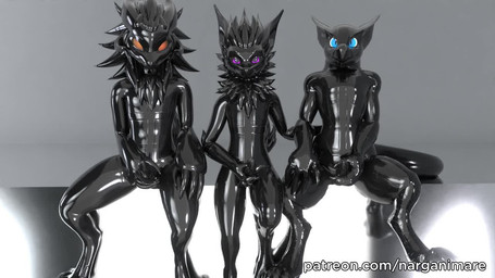 anthro balls clothing genitals glistening glistening_body glistening_eyes group latex latex_clothing latex_skinsuit legs_over_edge looking_at_viewer male male/male patreon_username simple_background sitting skinsuit stroking_penis tail tail_motion text tight_clothing trio narganimare capcom monster_hunter flying_wyvern nardoragon nargacuga wickerbeast 16:9 3d_(artwork) 3d_animation animated blender_(artwork) digital_media_(artwork) loop no_sound short_playtime url video widescreen