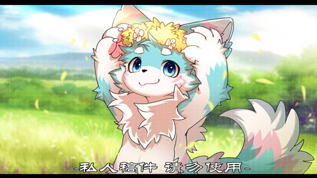 :3 anthro big_eyes black_bars blue_body blue_eyes blue_fur flower flower_crown fur kemono male nude_anthro nude_male pawpads pink_pawpads plant slim_anthro slim_male solo white_body white_fur hlg7777 canid canine fox mammal 2022 letterbox