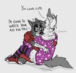 anthro clothed clothing crossdressing cuddling dress duo eyes_closed footwear hug knee_highs legwear male male/male silly size_difference skinny socks text thigh_highs thigh_socks ricthecusco canid canine canis domestic_dog hyena mammal striped_hyena english_text