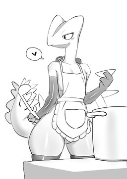 2022 absurd_res anthro apron armwear clothing generation_3_pokemon heart_symbol hi_res holding_object kitchen_utensils ladle legwear monochrome nintendo otonashi pokemon pokemon_(species) sceptile simple_background solo speech_bubble squish thigh_highs thigh_squish tools white_background