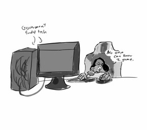 anthro biped chair computer dialogue electronics furniture headphones solo text randomkooldude brok_the_investigator cowcat_games dr._mink mammal mink mustelid musteline true_musteline 2023 english_text hi_res monochrome