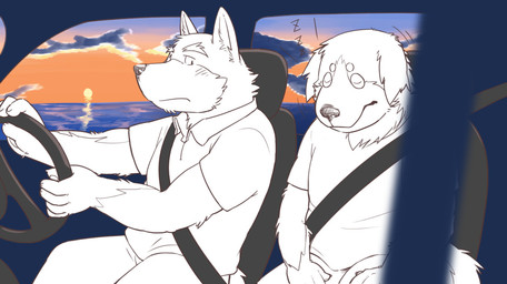 anthro bottomwear car clothing cloud driving duo eyes_closed humanoid_hands inside_car inside_vehicle kemono male orange_sky pants right-hand_drive sea seat_belt shirt sitting sky sleeping slightly_chubby sound_effects sun sunset topwear vehicle vowelless vowelless_sound_effect water zzz kotori canid canine canis domestic_dog mammal 2014 japanese_description