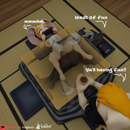 accessory anthro areola beverage big_areola big_breasts black_body black_fur breasts brown_eyes butt clothed clothing dialogue eyelashes feet female female_penetrated food fur furniture gaming genitals group hair hair_accessory hair_tie holding_object japanese long_ears lying male male/female male_penetrating male_penetrating_female mature_anthro mature_female nipples nude oblivious on_back on_side orange_hair patreon_logo penetration penis pillow playing_video_game sex sitting smile stealth_sex table tail tan_body tan_fur tatami tea teapot text translucent trio under_table vaginal vulva iceghost_(artist) nintendo nintendo_switch patreon pokemon sega sonic_the_hedgehog_(series) cream_the_rabbit vanilla_the_rabbit generation_5_pokemon lagomorph leporid mammal pokemon_(species) rabbit zorua 1:1 3d_(artwork) digital_media_(artwork) english_text watermark