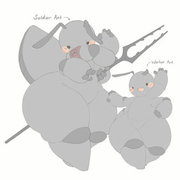 4_arms 4_fingers ambiguous_gender antennae_(anatomy) anthro armband arthropod_abdomen biped blush blush_stickers breasts dot_eyes duo featureless_breasts featureless_crotch featureless_feet feet female fingers front_view grey_body holding_object holding_weapon huge_hips huge_thighs looking_at_viewer melee_weapon monotone_body multi_arm multi_limb nude nude_female open_mouth open_smile polearm simple_background simple_eyes size_difference smile standing text thick_thighs weapon white_background wide_hips white_slime_(artist) ant arthropod hymenopteran insect 1:1 2025 digital_drawing_(artwork) digital_media_(artwork) english_text flat_colors hi_res