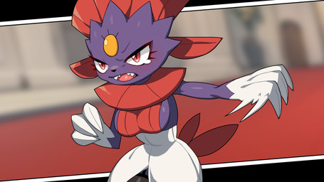 3_fingers anthro blurred_background bodily_fluids breasts female fingers iris multicolored_body pupils purple_body red_body red_eyes slit_pupils solo tears teeth tongue white_body drunk_oak nintendo pokemon generation_4_pokemon pokemon_(species) weavile 16:9 2023 hi_res widescreen