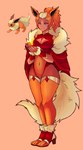 2022 absurd_res anthro big_breasts blue_eyes breasts canid cape cleavage_cutout clothed clothing cuff_(restraint) cutout digital_media_(artwork) eeveelution female fire flareon footwear full-length_portrait fur fur_lined_clothing fuzzy_tail generation_1_pokemon hair hi_res high_heels humanoid legwear mammal multiple_images mxntymoon navel_outline nintendo orange_hair outline pokemon pokemon_(species) portrait restraints shaded shoes simple_background smile solo tail thick_thighs thigh_highs unitard wide_hips wrist_cuffs yellow_body yellow_fur yellow_tail