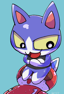 anthro blue_body blue_fur blush bodily_fluids chibi duo facesitting fur male male/male sitting_on_another sweat white_body white_fur yellow_eyes negigi animal_crossing nintendo kid_cat_(animal_crossing) tom_(animal_crossing) domestic_cat felid feline felis mammal