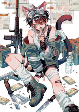 5_fingers band-aid bandage bottle clothed clothing container ear_piercing ear_ring fingers gun human_and_animal_ears inner_ear_fluff knife male multi_ear piercing ranged_weapon ring_piercing solo tail tuft weapon young young_humanoid young_male zaku6584 animal_humanoid cat_humanoid felid felid_humanoid feline feline_humanoid humanoid mammal mammal_humanoid tailed_humanoid absurd_res hi_res