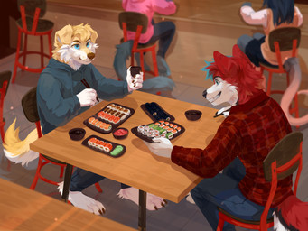ambiguous_gender anthro black_nose blue_bottomwear blue_clothing blue_eyes blue_pants blue_topwear bottomwear cheek_tuft chopsticks clothed clothing denim denim_bottomwear denim_clothing duo_focus eating facial_tuft fangs food fur furniture grey_body grey_fur grin group inside jeans male neck_tuft orange_clothing orange_topwear pants pink_clothing pink_topwear red_body red_clothing red_fur red_topwear sitting smile sushi table teeth three-quarter_view topwear tuft unsigned white_body white_fur yellow_body yellow_fur corzh77 canid canine canis domestic_dog mammal 4:3 absurd_res hi_res