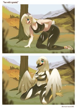 all_fours anthro beak bottomwear breasts clothing collarbone crop_top eyebrows eyelashes feathered_wings feathers featureless_breasts female footwear forced forced_transformation hair hand_on_belly kneeling midriff navel open_mouth outside pants plant shirt shoes solo teal_eyes topwear torn_bottomwear torn_clothing torn_crop_top torn_pants transformation tree white_body white_hair winged_arms wings chickhawk96 anatid anseriform anserine avian bird goose human mammal 2025 absurd_res comic hi_res
