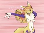 3_fingers anthro armwear belly blonde_hair breasts bridal_gauntlets clothing eyes_closed featureless_breasts featureless_crotch female fingers fur hair mostly_nude navel open_mouth open_smile smile solo sparkles white_belly white_body white_fur yellow_body yellow_fur ajvulpes bandai_namco digimon canid canine digimon_(species) mammal renamon hi_res