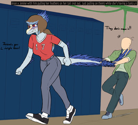 angry anthro bald blue_body blue_feathers blue_hair blue_highlights blue_scales blush bottomwear brown_hair clothing denim denim_bottomwear denim_clothing detailed_background dialogue duo elbow_feathers eyelashes feathered_tail feathers female footwear freckled_face freckles green_clothing green_jacket green_topwear hair hallway highlights_(coloring) inside jacket jeans locker long_tail male multicolored_hair pants red_clothing red_eyes red_shirt red_t-shirt red_topwear scales school_hallway shirt shoes short_hair sneakers snout t-shirt tail tail_grab tail_pull text tomboy topwear two_tone_hair walking ratherdevious cavemanon_studios i_wani_hug_that_gator snoot_game anon_(snoot_game) jenine_(iwhtg) dinosaur dromaeosaurid feathered_dinosaur feathered_scalie human mammal prehistoric_species reptile scalie theropod velociraptor 2025 digital_drawing_(artwork) digital_media_(artwork) english_text hi_res