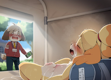 anthro areola biped blush breasts brown_body brown_fur clothed clothing detailed_background duo eyes_closed female freckled_face freckles fur genitals male nipples nude nude_anthro nude_female tongue vulva white_body white_fur yellow_body yellow_fur dagasi animal_crossing nintendo digby_(animal_crossing) isabelle_(animal_crossing) canid canine canis domestic_dog mammal hi_res