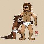 anthro armpit_hair barefoot black_eyes body_hair briefs briefs_only briefs_pull brown_body brown_fur brown_hair brown_nose clothed clothing duo erection_in_briefs erection_in_underwear erection_under_bottomwear eyewear facial_hair feet fur glasses goatee hair hair_bun male male/male manu_otter monotone_briefs monotone_clothing monotone_underwear navel nipples open_mouth open_smile simple_background smile stubble tan_background tan_body tan_fur teeth_showing tighty_whities topless topless_male underwear underwear_only white_briefs white_clothing white_underwear fudatsu manu_(fudatsu) mammal mustelid otter 1:1 2025 signature