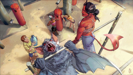 anthro black_hair bottomwear breasts brown_hair cellphone clothed clothed_female clothed_human clothed_humanoid clothed_male clothing electronics exercise fangs female feral fur gesture grey_body grey_fur group gym hair hand_gesture male male/female muscular muscular_anthro muscular_female muscular_humanoid muscular_male phone pink_hair pull-up_(exercise) punching_bag red_body red_skin shirt shorts smartphone tail tank_top teeth thumbs_up topwear winged_arms wings kilgaaarra dispatch beef_(dispatch) flambae_(dispatch) malevola_gibb prism_(dispatch) sonar_(dispatch) waterboy_(dispatch) bat canid canine canis demon domestic_dog herding_dog human humanoid mammal pastoral_dog welsh_corgi hi_res