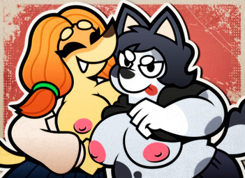 aged_up anthro big_breasts black_clothing black_shirt black_topwear breasts clothed clothing clothing_lift duo female flashing flashing_breasts fur multicolored_body multicolored_fur orange_body orange_fur partially_clothed shirt slightly_chubby slightly_chubby_female tongue tongue_out topwear white_clothing white_shirt white_topwear pbscddc bluey_(series) indy_(bluey) muffin_heeler afghan_hound canid canine canis domestic_dog hunting_dog mammal sighthound absurd_res hi_res
