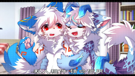2_horns anthro big_eyes blue_body blue_fur blush blush_lines duo eyes_closed fur holding_another horn kemono male nude_anthro nude_male open_mouth pawpads pink_pawpads red_eyes safe_nudity slim_anthro slim_male white_body white_fur hlg7777 2022